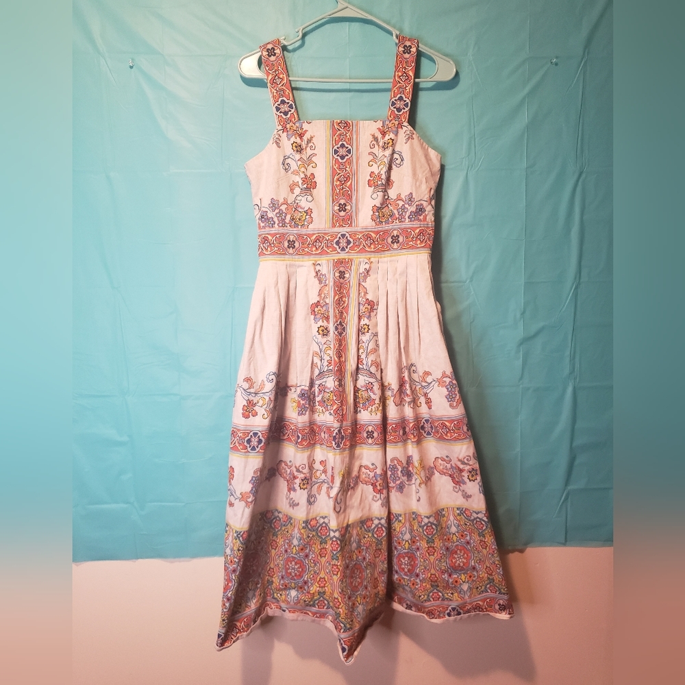 Shoshanna White Midi Dress with Multicolor Floral Border